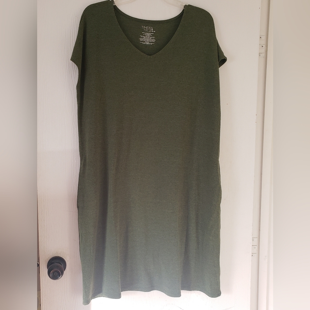 Time And True Ladies Size L 12-14 Olive Green Midi Dress With Pockets
